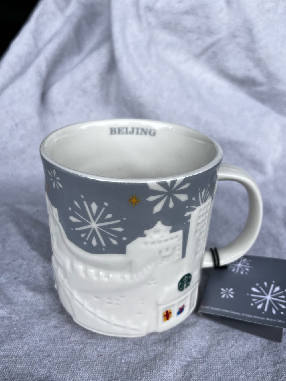 Starbucks Beijing China 2016 Christmas Silver Relief Mug Holiday Hang Tag